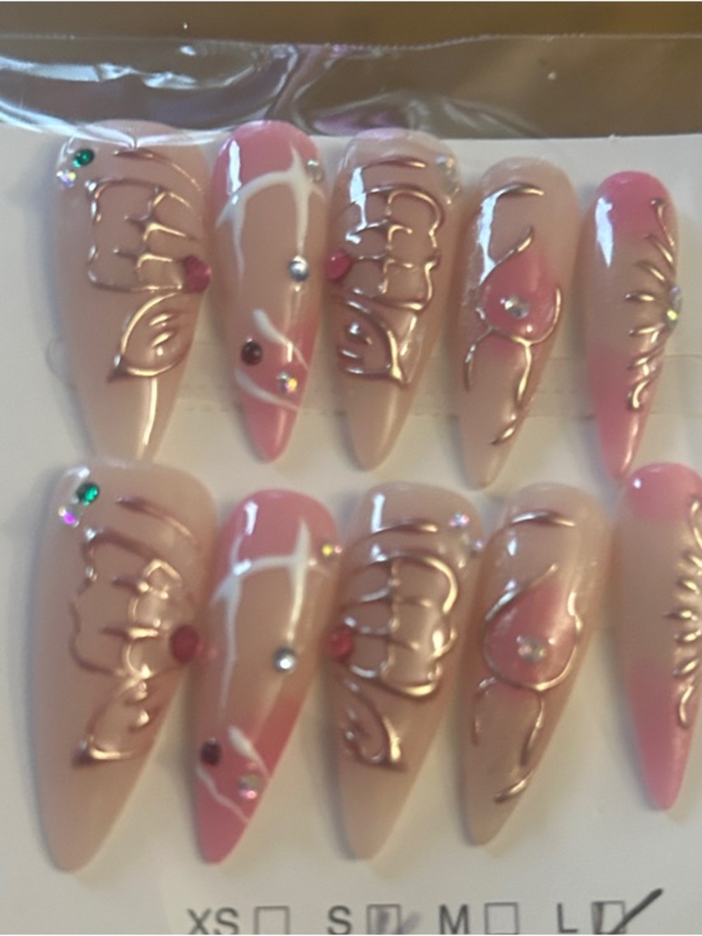 Pink Nude Stiletto Press-On Nails with Gold Floral Accents